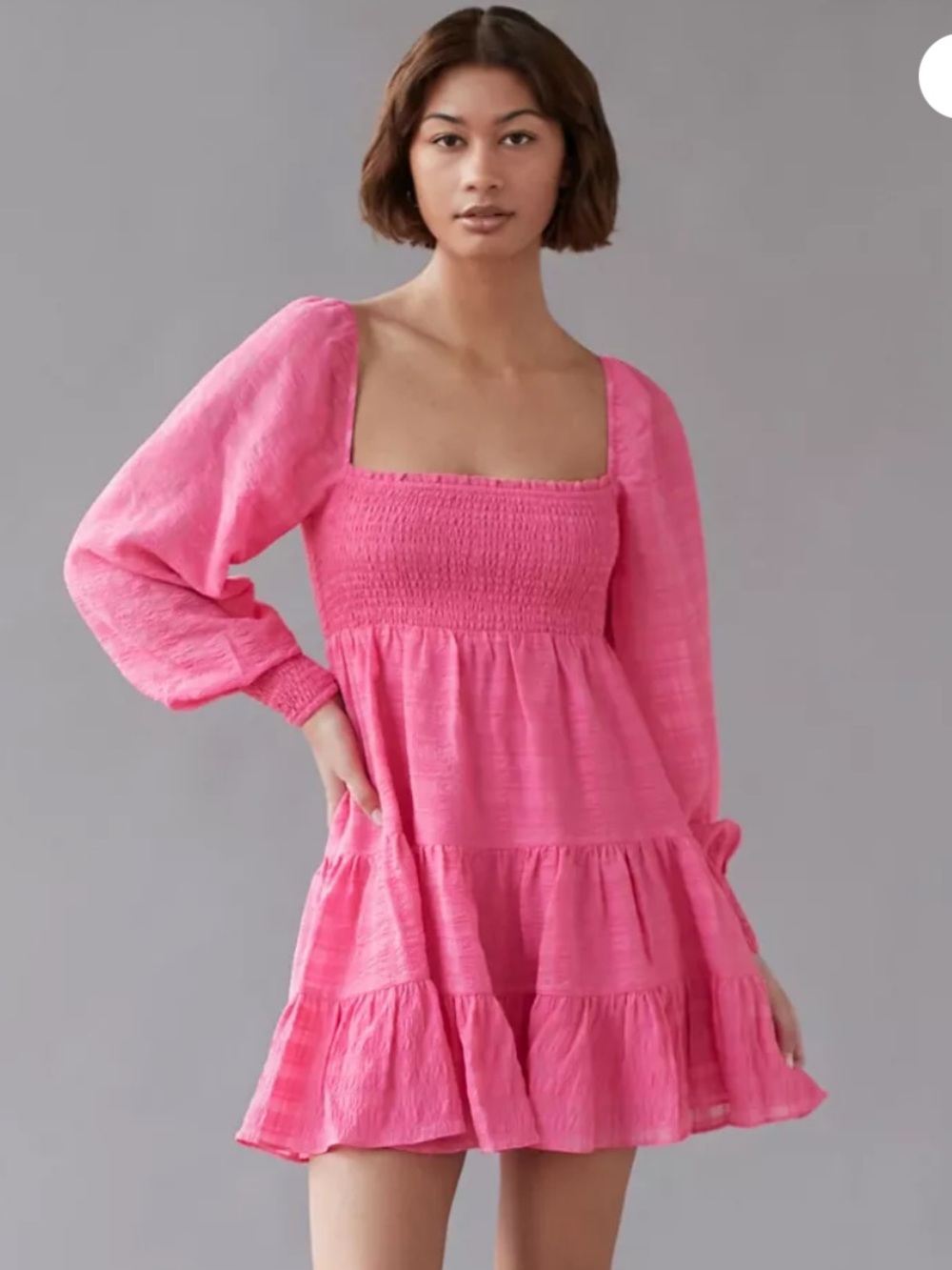 Urban Outfitters River Smock Long Sleeve Mini Dress Size XS Barbie Pink